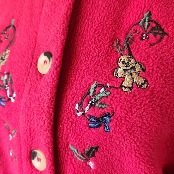 Bonnie Evans Women's Fleece Jacket Gingerbread Embroidered Size M Red Relaxed - Picture 2 of 8